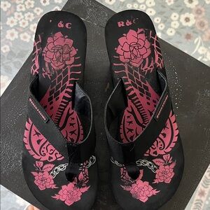 Rock & Candy Black and Pink Floral Thong Sandals